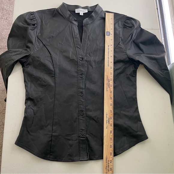 Cerule Black Faux Leather Top Womens Size XL Button Up V-neck Romantic Night Out - Picture 10 of 10